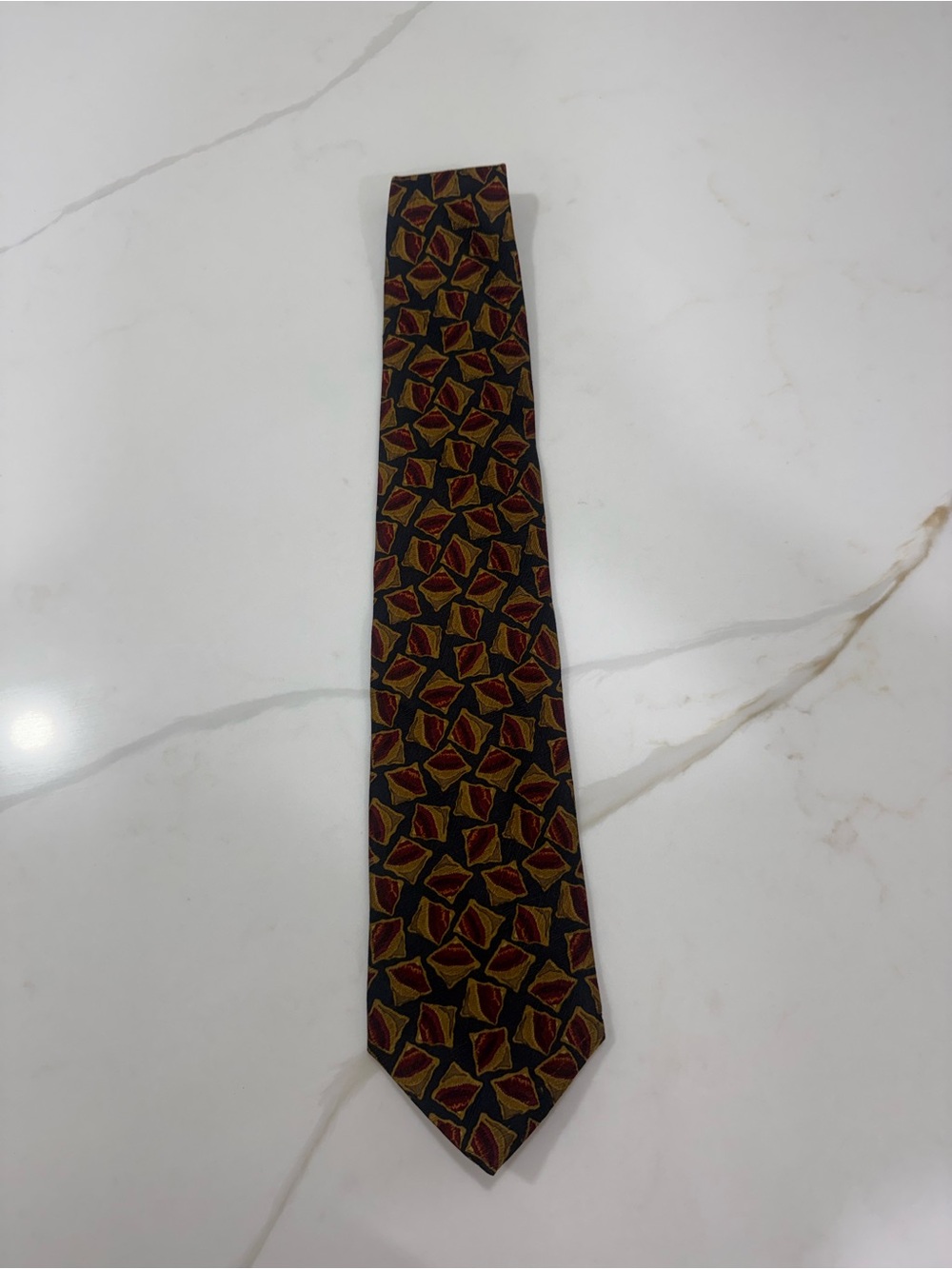 Joseph Abboud Black Silk Tie with Red & Gold Geometric Motif